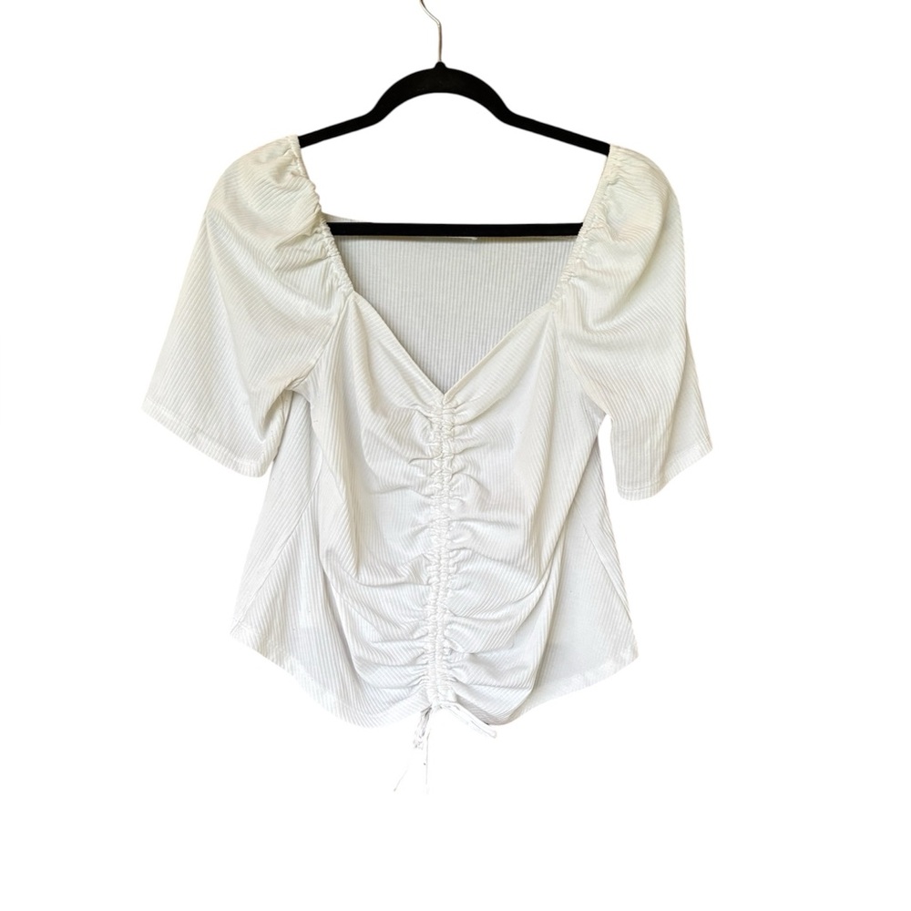 Ruched Top Sweetheart Neckline Ribbed Stretch Puffed Sleeves Cottage Core Sz Xl‎